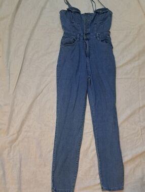 Fashion Nova High-Rise Blue Denim Strap Jumpsuit